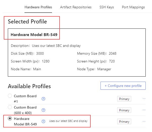 selected hardware profile